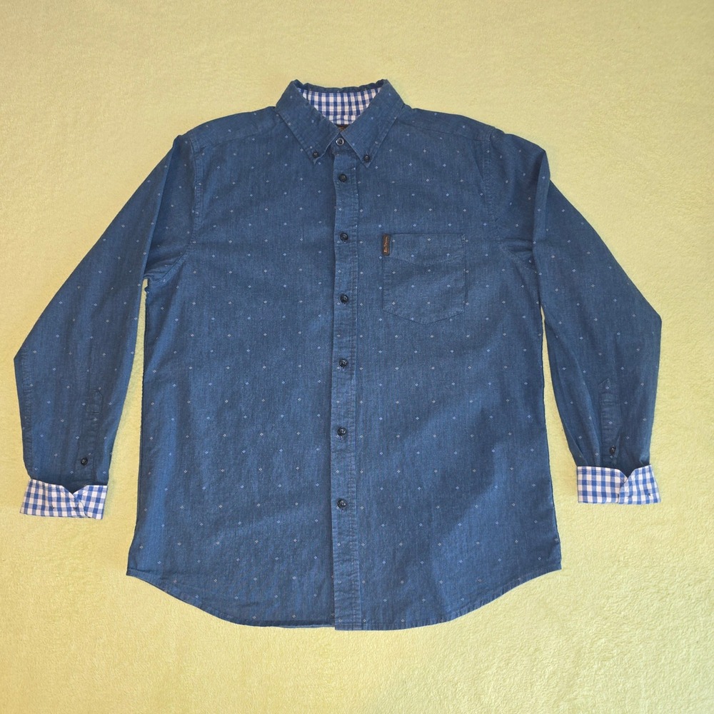 Ben Sherman Mens Blue Diamond Print Button Down Shirt Long Sleeve Gingham Trim M